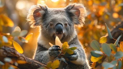 Fototapeta premium Koala bear sitting on a branch eating leaves, zoo, conservation base, 4K wallpaper, sunset, forest, environmental protection, animal care theme.Caring Koala: Embracing Nature's Harmony