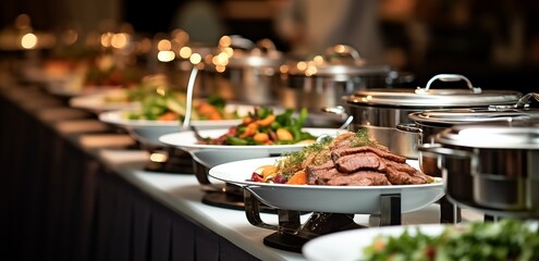 buffet food indoor in the restaurant meat colorful fruits and vegetables catering a group of people at a resort on a cruise a wedding buffet