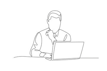 Business man is thinking about work. Business person with laptop concept one-line drawing