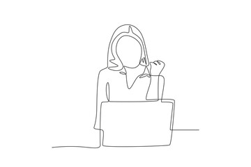 Business woman is happy. Business person with laptop concept one-line drawing