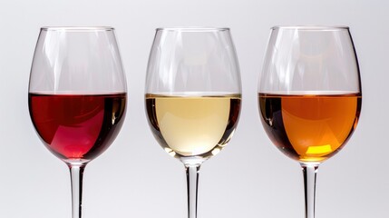 three wine glasses with red, white and rose wine with a white background.