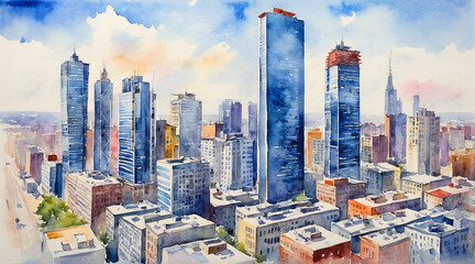 Aerial view of skyscraper building in the central city, watercolor painting style, generative AI. - obrazy, fototapety, plakaty