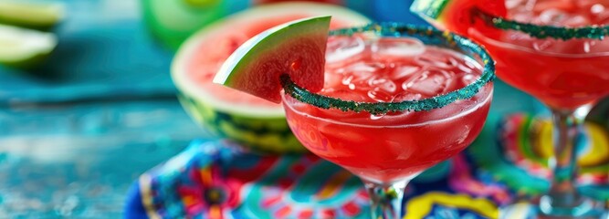 Close up photo of a red margarita with a watermelon slice garnish, green and blue colored drinks in the background, a bright colorful table cloth, a fun party atmosphere, fun colors.