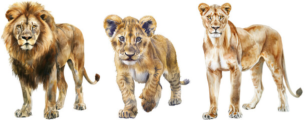 Watercolour style clipart illustration collection of three african lions, male, cub and female, isolated on a transparent background