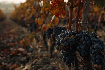 An evocative image capturing ripe blue grapes hanging from vines in a vineyard, bathed in the warm,...