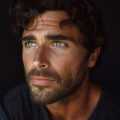 Obraz premium Close-Up Portrait of Handsome, Charming Man with Dark Hair and Light Eyes, Set Against a Dark Background, Striking and Captivating Features, Intense and Alluring Expression, Mysterious Appearance.