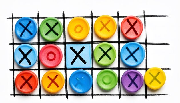 Photo grunge hand drawing, scribble hatching, colorful tic tac toe XO game, wax pastel, crayon isolated on white, clipping path