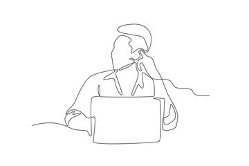 Business man is thinking in front of laptop while holding head. Business person with laptop concept one-line drawing