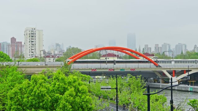 4K slow motion of Subway trains running on elevated bridges in Shanghai, China