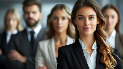 A woman is holding a laptop in front of a group of people. Concept of professionalism and teamwork, as the woman is surrounded by her colleagues. Experts, organisations, recruitment advertisement