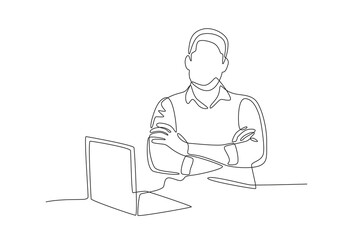 Man posing in front of a laptop. Business person with laptop concept one-line drawing