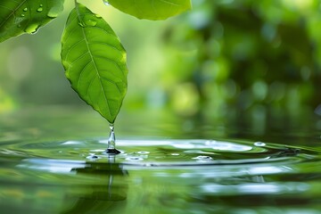 Naklejka na ściany i meble A drop of rain falls on a green leaf into water.