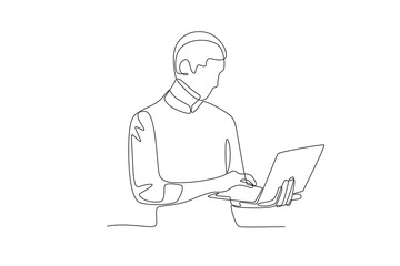 Man checking files on laptop while standing. Business person with laptop concept one-line drawing