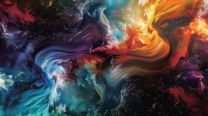 Cosmic ink in a dance of creation, where galaxies are born from swirling colors, a universe...