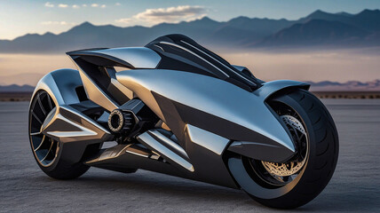 Sleek futuristic motorcycle design concept on desert road, embodying innovation, speed, and cutting-edge automotive style