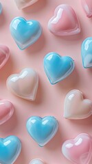 Colorful hearts on pastel pink background. Valentine's day concept.