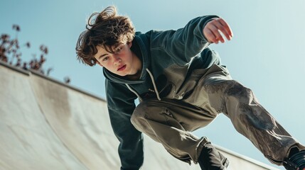 A dynamic outdoor shoot featuring a teenage model engaged in an adrenaline-pumping activity such as skateboarding or BMX biking, his athletic prowess and urban style on full display. - Powered by Adobe