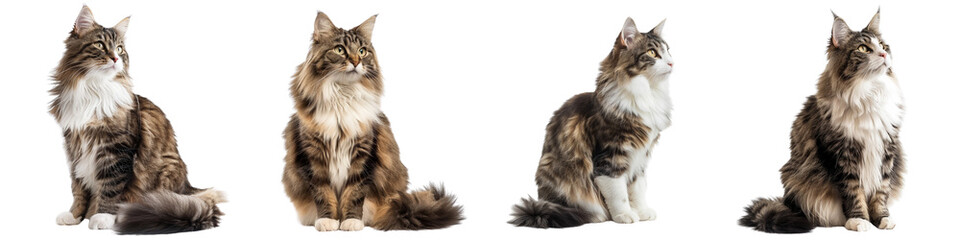 Cat PNG set - sitting photo of happy Norwegian Forest cat isolated transparent background