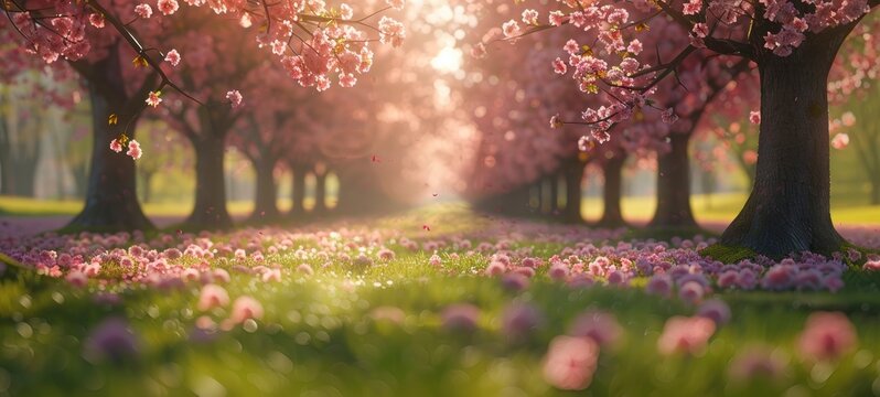 Blurred background with pink cherry blossoms in a park full of flowers and green grass