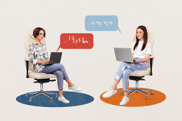 Creative collage image of two businesswomen working together startup project communicate speech...