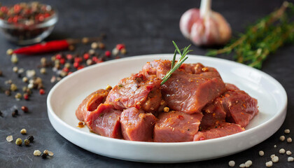 Close-up of raw marinated pork in plate. Spicy marinade. Fresh meat pieces for BBQ.