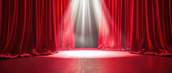 Red curtains open on stage with spotlight and audience view - obrazy, fototapety, plakaty