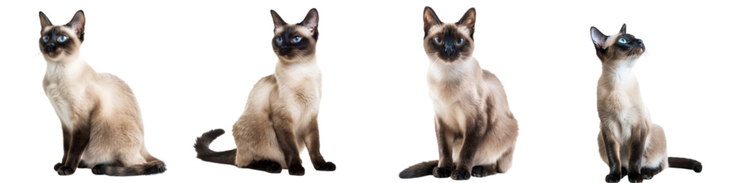 Cat PNG set - sitting photo of happy siamese cat isolated transparent background