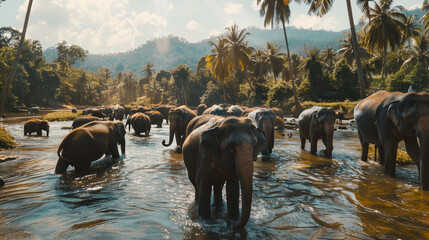 Herd of elephant in the river. 