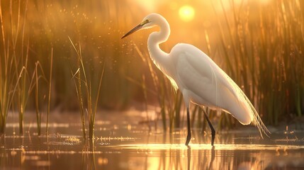 A painting of a great white egret standing in a marsh at sunset. The egret is white with a long, pointed beak and black legs.  - obrazy, fototapety, plakaty