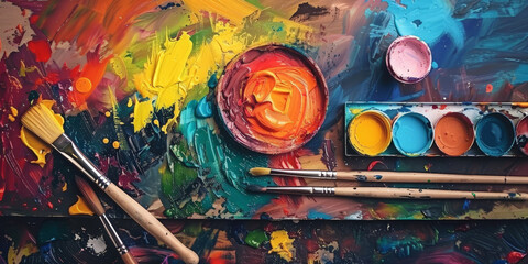 A colorful palette of paint and brushes on an artist's table,  creativity in art or design.  - obrazy, fototapety, plakaty