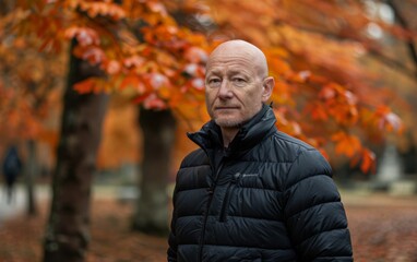Fototapeta premium A bald man wearing a black jacket standing in front of a tree