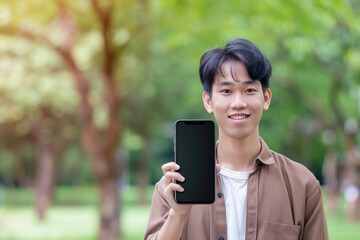 Display mockup asian man in his 30s holding an smartphone with a completely black screen