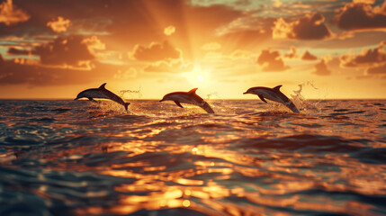 Dolphins in the sea in the sunset. 