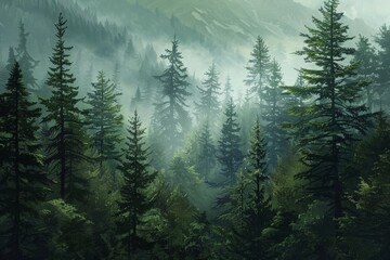 Dense forest of evergreen trees, creating a sense of depth and mystery in the background