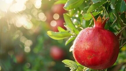 Macro close up of juicy pomegranate fruit on tree with dew drops, ideal for text copy in wide banner
