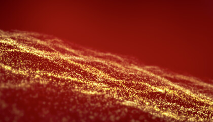 Illustation of golden light shine particles bokeh over red background - abstract particles background.