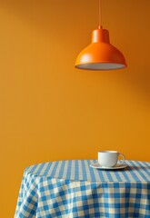 minimal illustration of an interior  dining room with a bright yellow wall, light orange pendant lamp, 1970s mood, a table set and a cup of coffee /tea  and a chair - 793713915