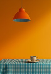minimal illustration of an interior  dining room with a bright yellow wall, light orange pendant lamp, 1970s mood, a table set and a cup of coffee /tea  and a chair - 793713917