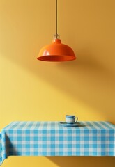 minimal illustration of an interior  dining room with a bright yellow wall, light orange pendant lamp, 1970s mood, a table set and a cup of coffee /tea  and a chair - 793713918