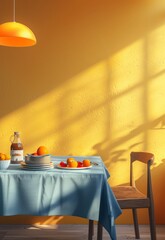 minimal illustration of an interior  dining room with a bright yellow wall, light orange pendant lamp, 1970s mood, a table set and a chair - 793713937