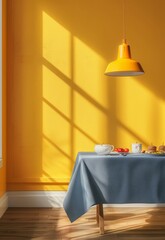 minimal illustration of an interior  dining room with a bright yellow wall, light orange pendant lamp, 1970s mood, a table set and a chair - 793713947