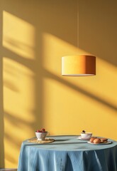 minimal illustration of an interior  dining room with a bright yellow wall, light orange pendant lamp, 1970s mood, a table set and a chair - 793713949