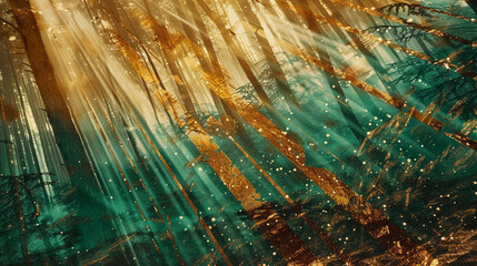 Fluid art depicting a forest with emerald and brown hues, highlighted by gold sunlight streaks. A grounding, enchanting design for sophisticated decor.