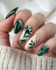 set of spring nails with green flowers and leaves  painted on, palnt design, colorful, bright background, hands close up manicure - 793714124