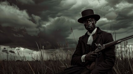 A somber image shows a man in vintage wear sitting in grassland as a storm looms above