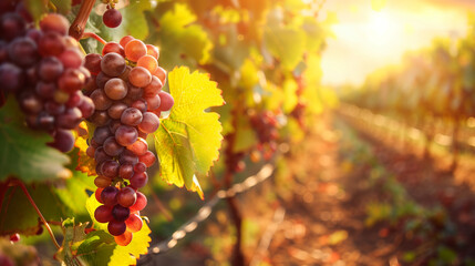 A close-up image of a bunch of ripe red grapes in a vineyard with the sun shining through the...