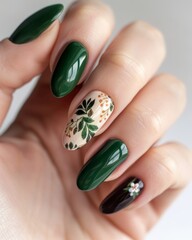 set of spring nails with green flowers and leaves  painted on, palnt design, colorful, bright background, hands close up manicure - 793714137