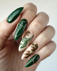 set of spring nails with green flowers and leaves  painted on, palnt design, colorful, bright background, hands close up manicure - 793714147