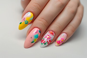 set of spring nails with colorful flowers  painted on, fruit design,  colorful, bright background, hands close up manicure - 793714178