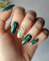 set of spring nails with green flowers and leaves  painted on, palnt design, colorful, bright background, hands close up manicure - 793714183